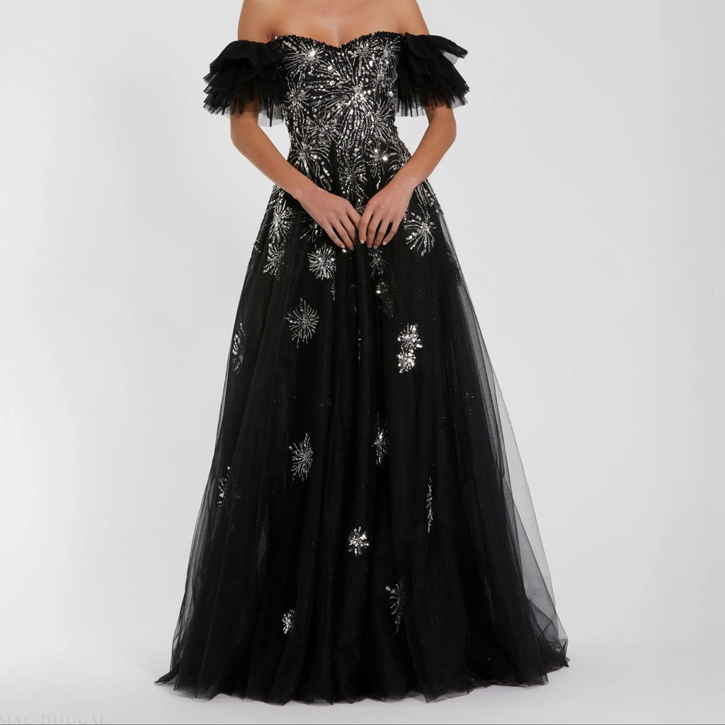Black Off Shoulder Sequined Mesh Ball Gown