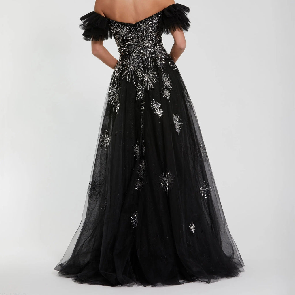 Black Off Shoulder Sequined Mesh Ball Gown