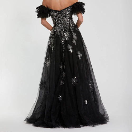 Black Off Shoulder Sequined Mesh Ball Gown
