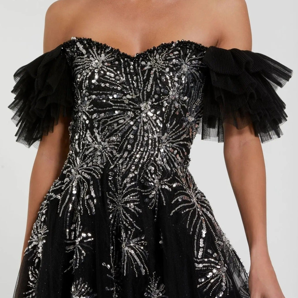 Black Off Shoulder Sequined Mesh Ball Gown