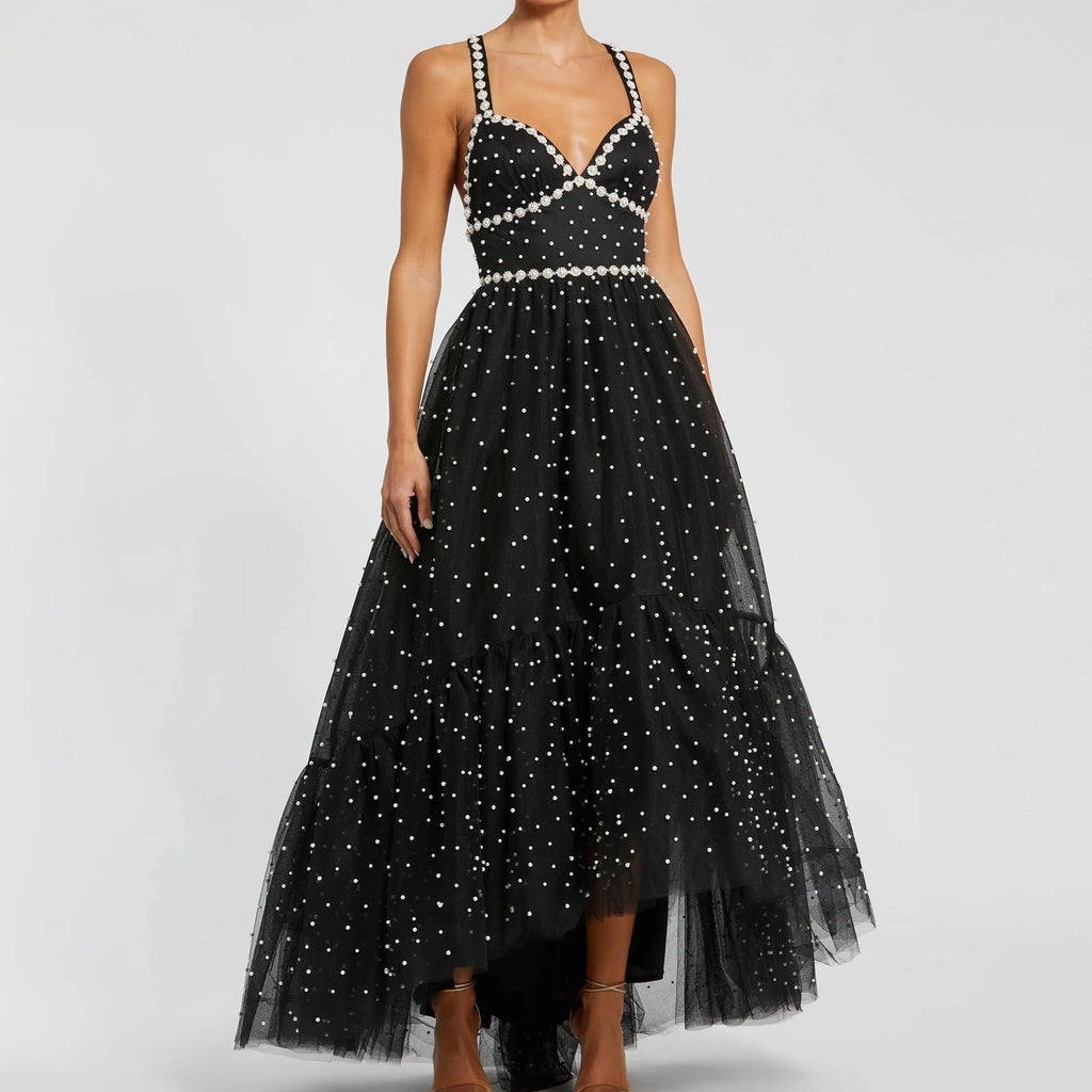 Black Faux Pearl Embellished Halter Dress