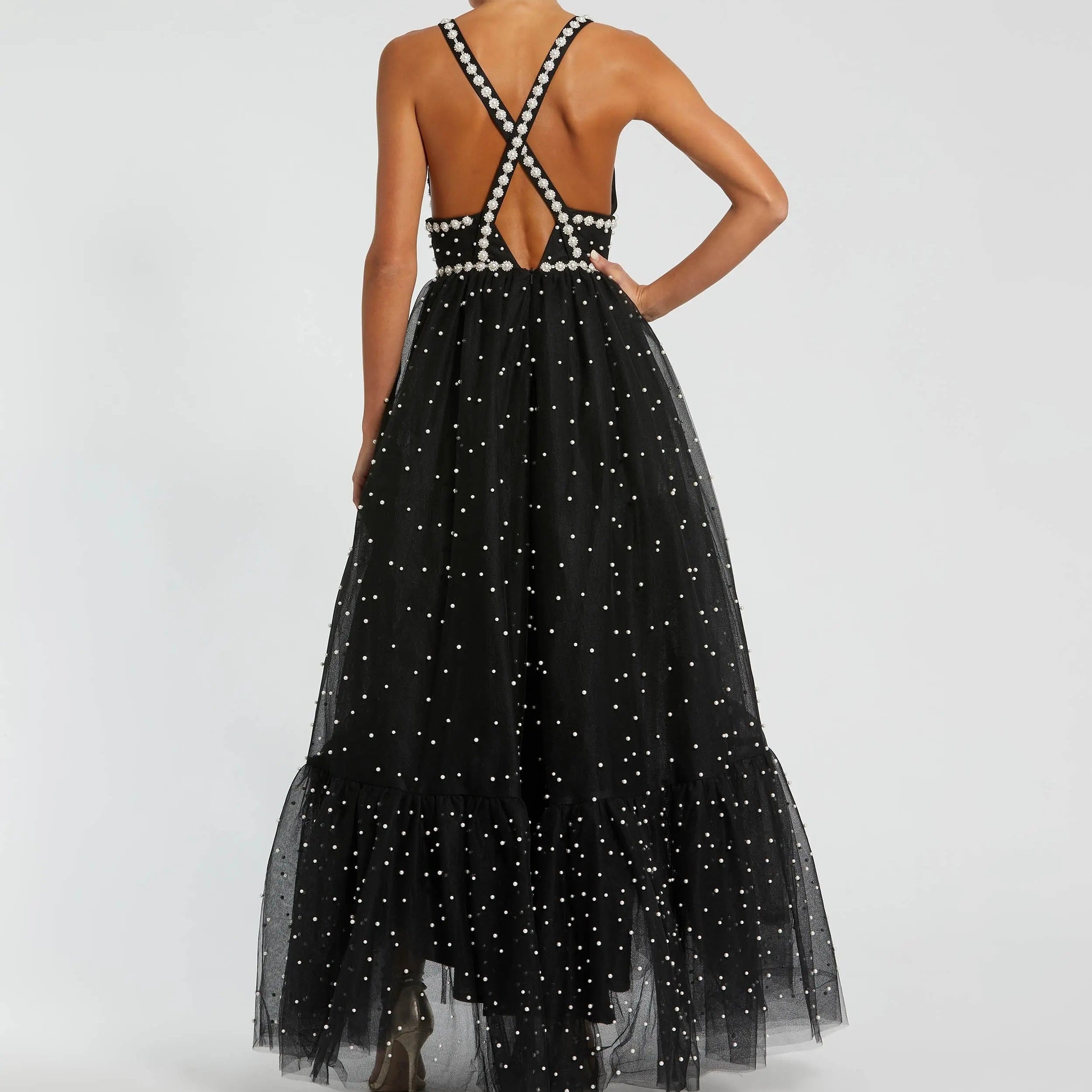 Black Faux Pearl Embellished Halter Dress