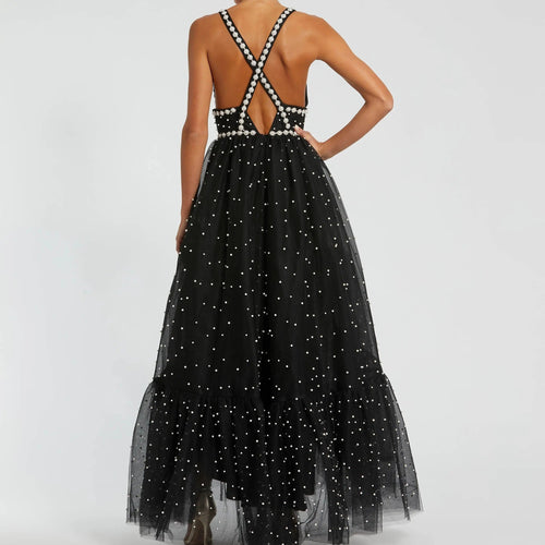 Black Faux Pearl Embellished Halter Dress