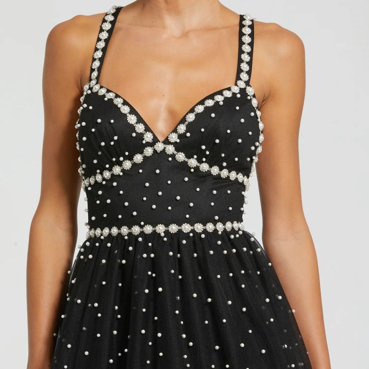 Black Faux Pearl Embellished Halter Dress