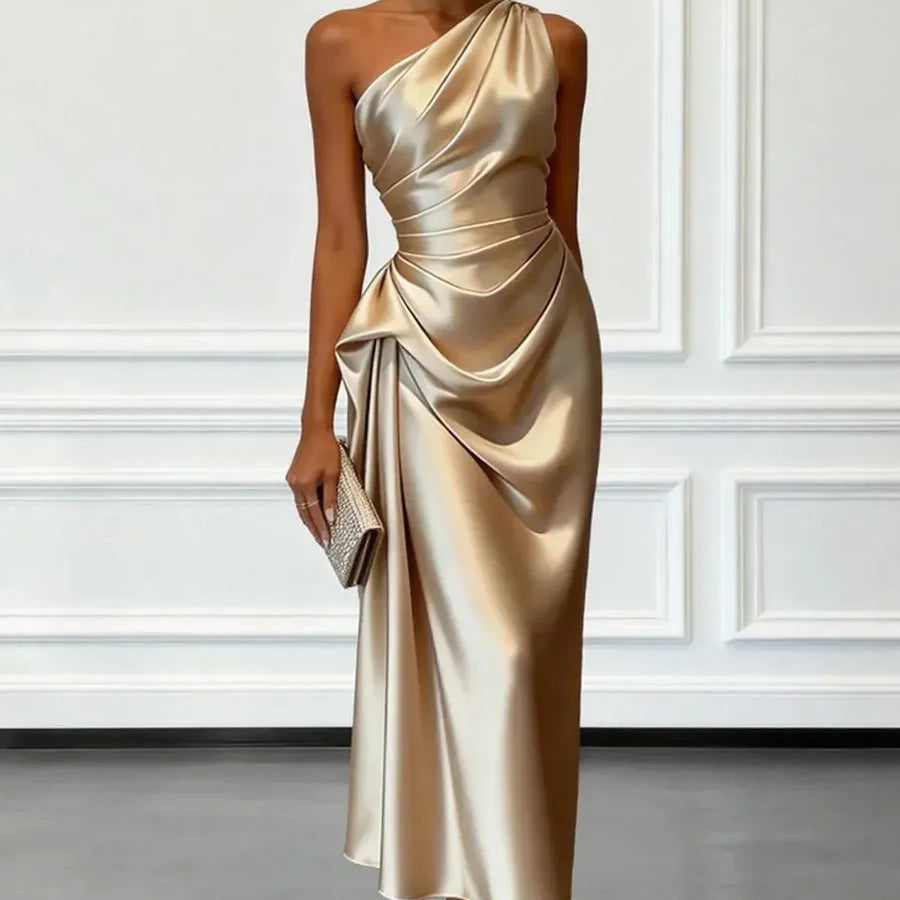 Champagne Gold One Shoulder Satin Fitted Dress