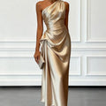 Champagne Gold One Shoulder Satin Fitted Dress
