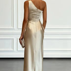 Champagne Gold One Shoulder Satin Fitted Dress