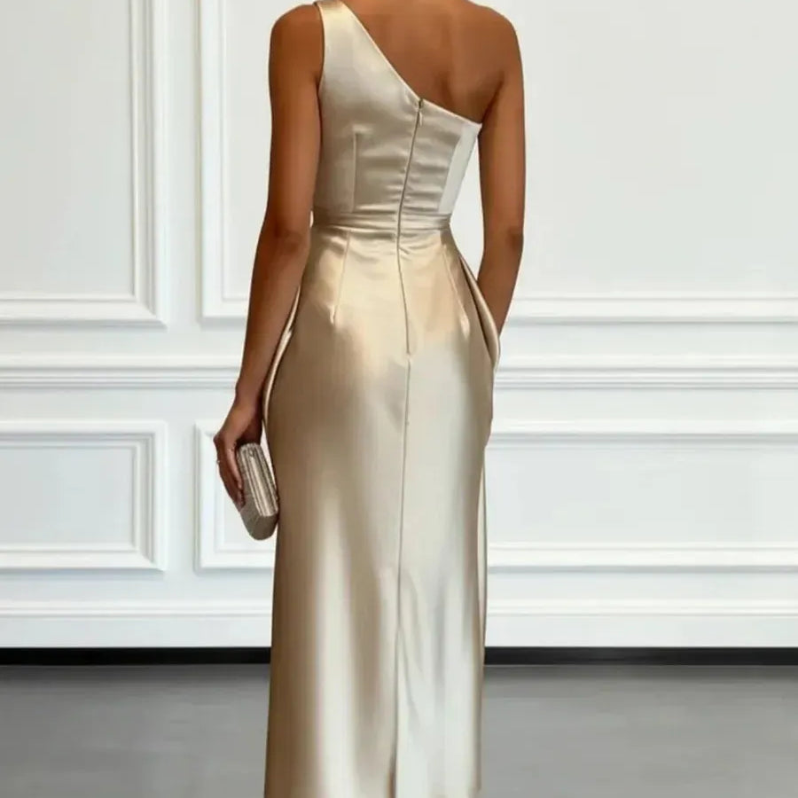 Champagne Gold One Shoulder Satin Fitted Dress