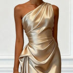 Champagne Gold One Shoulder Satin Fitted Dress