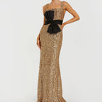 Gold Square Neck Sequined Bow Fitted Mermaid Dress