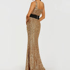 Gold Square Neck Sequined Bow Fitted Mermaid Dress