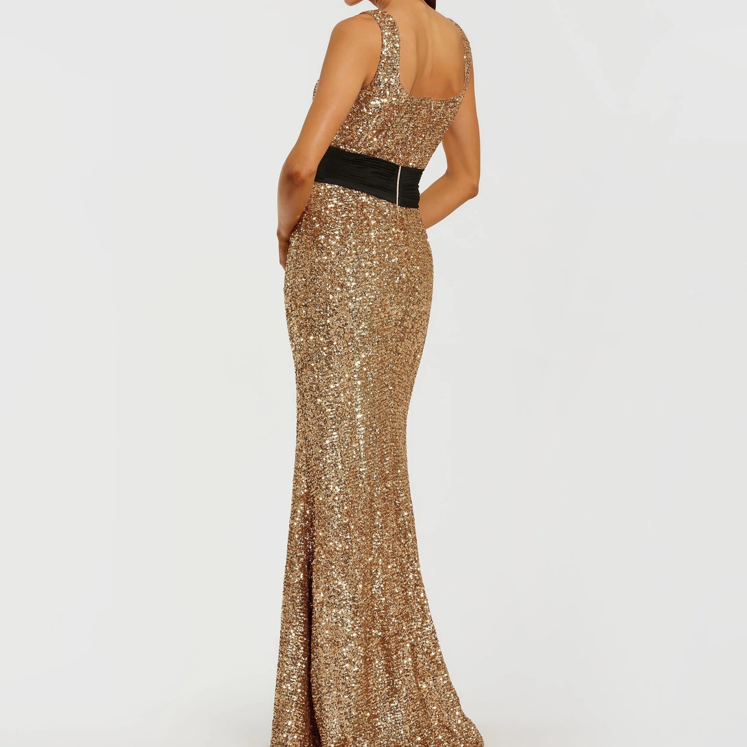 Gold Square Neck Sequined Bow Fitted Mermaid Dress