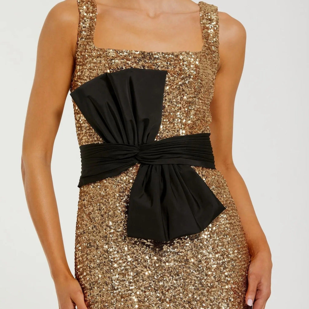 Gold Square Neck Sequined Bow Fitted Mermaid Dress