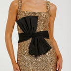 Gold Square Neck Sequined Bow Fitted Mermaid Dress