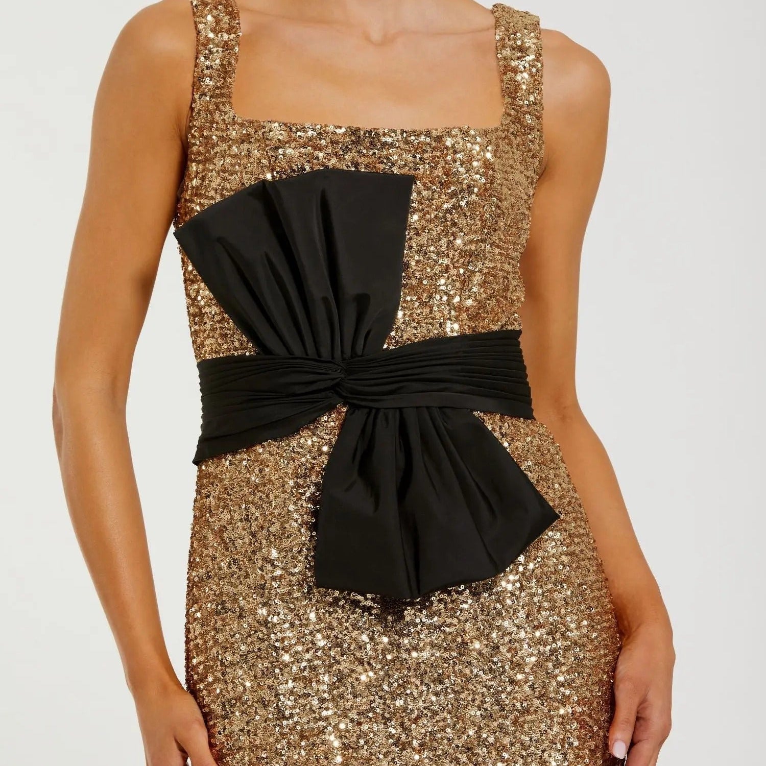 Gold Square Neck Sequined Bow Fitted Mermaid Dress