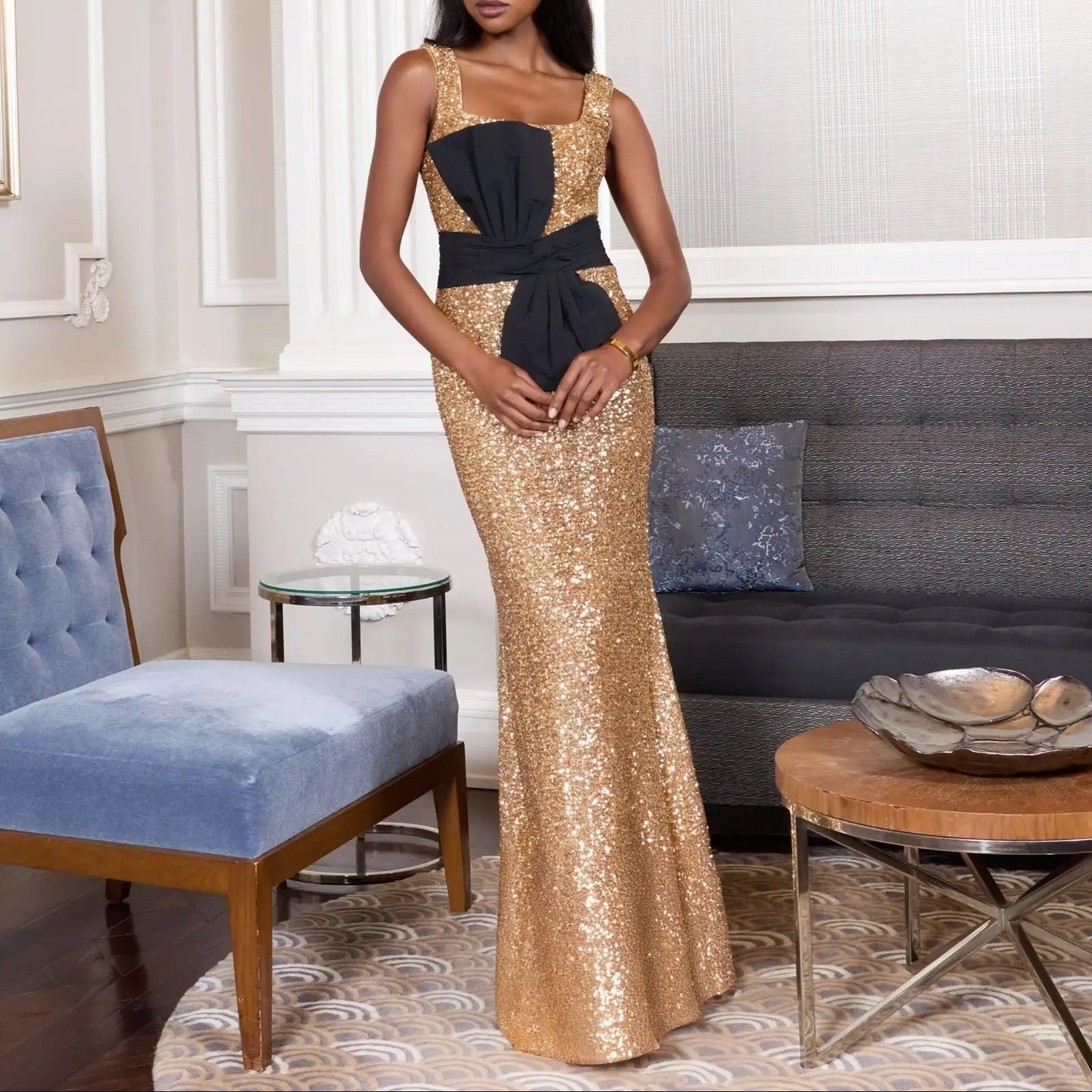 Gold Square Neck Sequined Bow Fitted Mermaid Dress