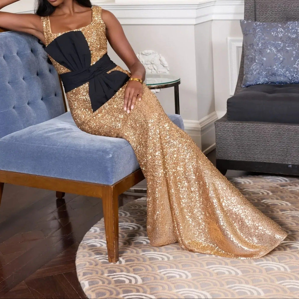 Gold Square Neck Sequined Bow Fitted Mermaid Dress