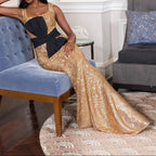 Gold Square Neck Sequined Bow Fitted Mermaid Dress