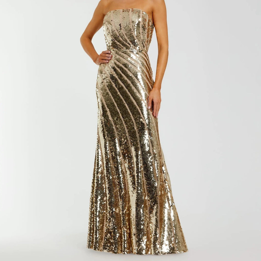 Gold Strapless Sequined Fishtail Dress