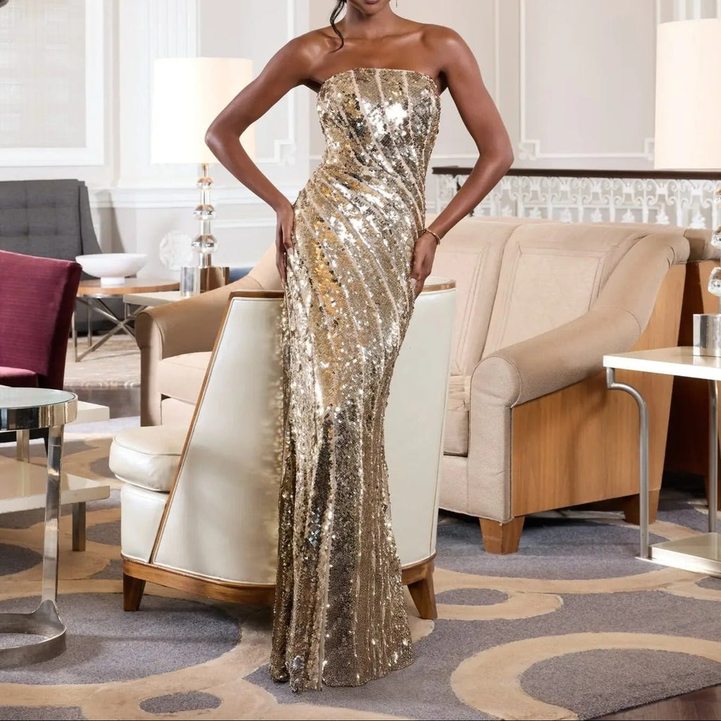 Gold Strapless Sequined Fishtail Dress