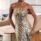 Gold Strapless Sequined Fishtail Dress