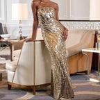 Gold Strapless Sequined Fishtail Dress