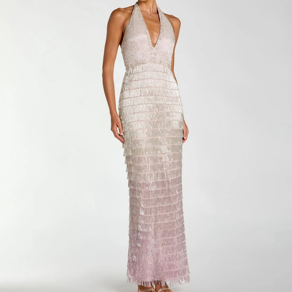 Gradient Halter Neck Deep V Neck Tassel Long Dress