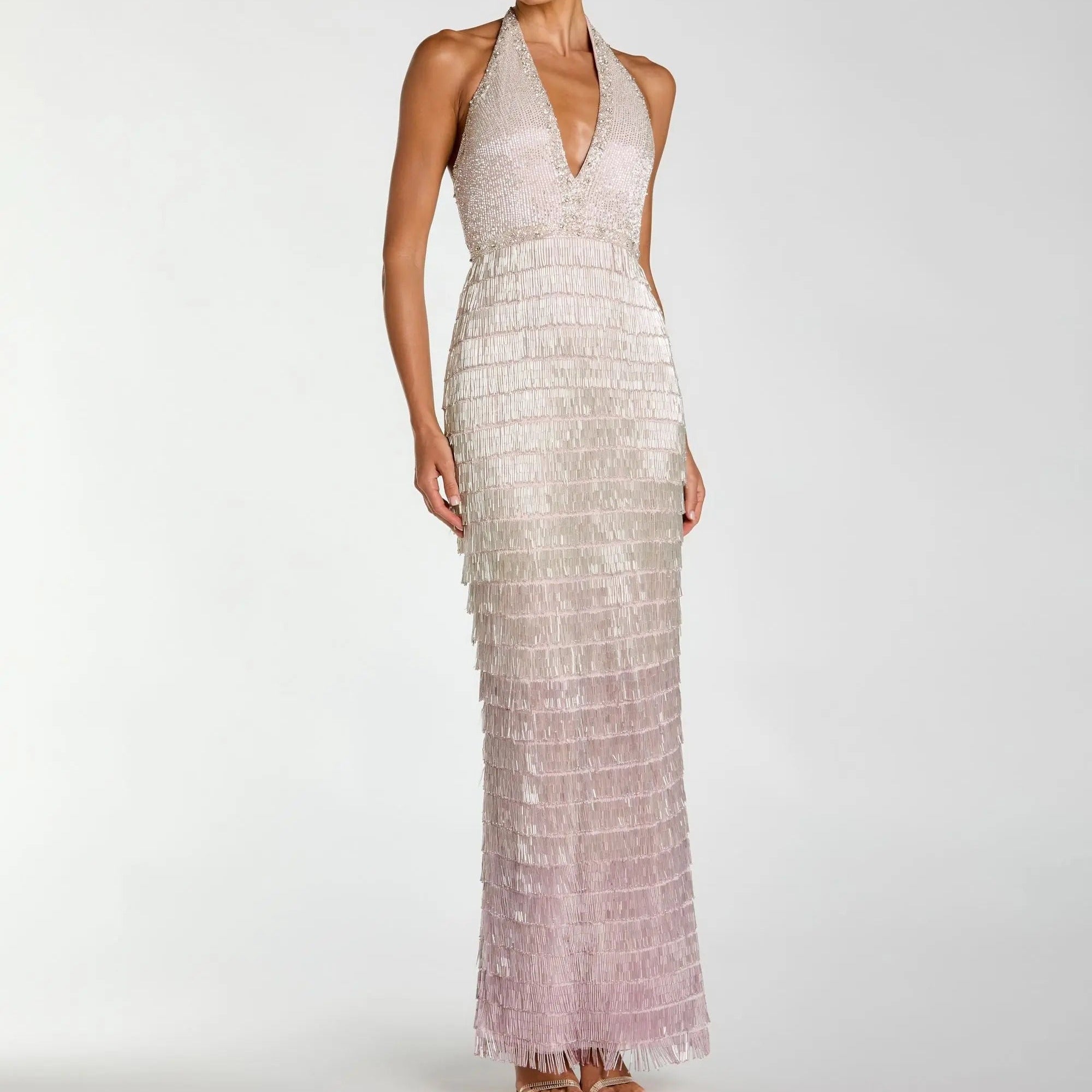 Gradient Halter Neck Deep V Neck Tassel Long Dress