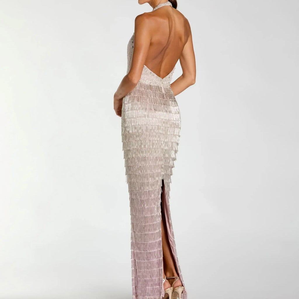 Gradient Halter Neck Deep V Neck Tassel Long Dress