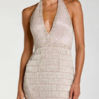 Gradient Halter Neck Deep V Neck Tassel Long Dress