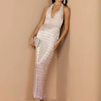 Gradient Halter Neck Deep V Neck Tassel Long Dress