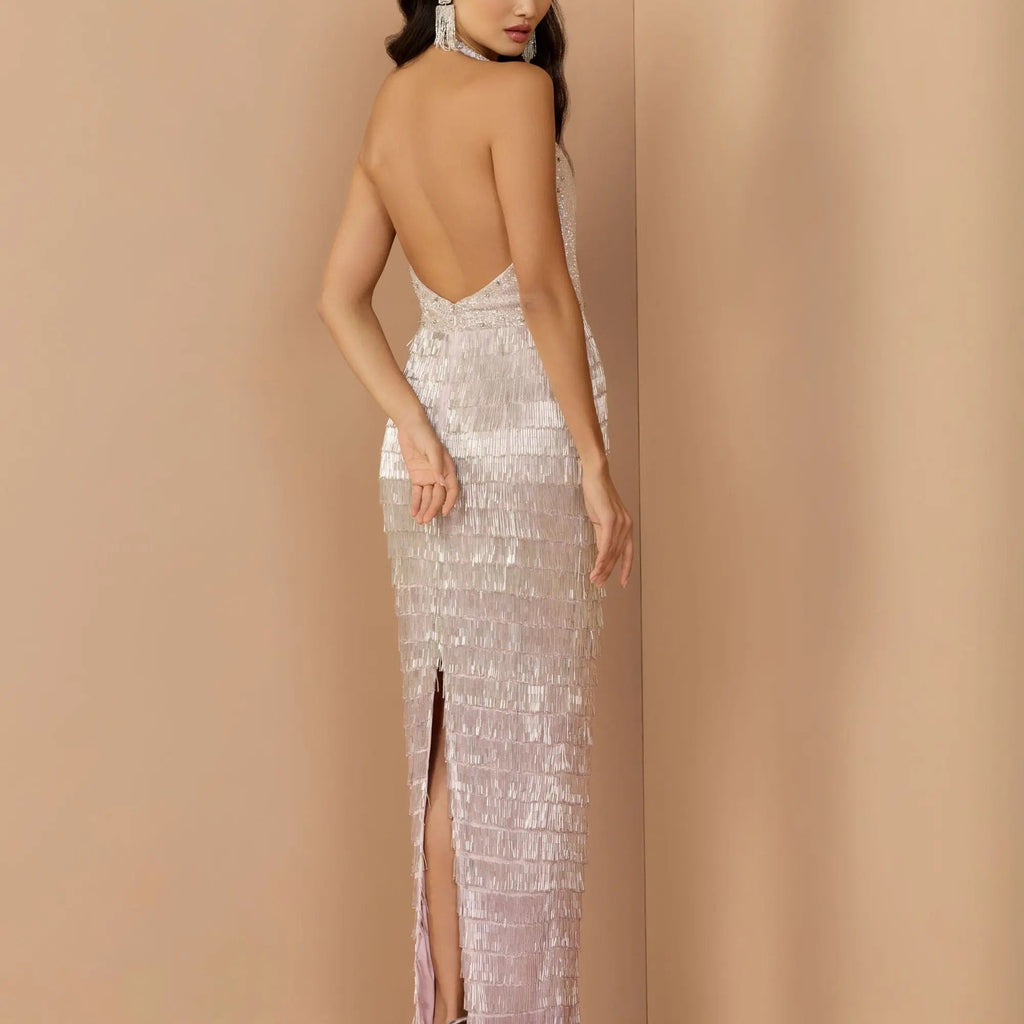 Gradient Halter Neck Deep V Neck Tassel Long Dress