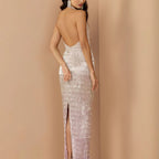 Gradient Halter Neck Deep V Neck Tassel Long Dress