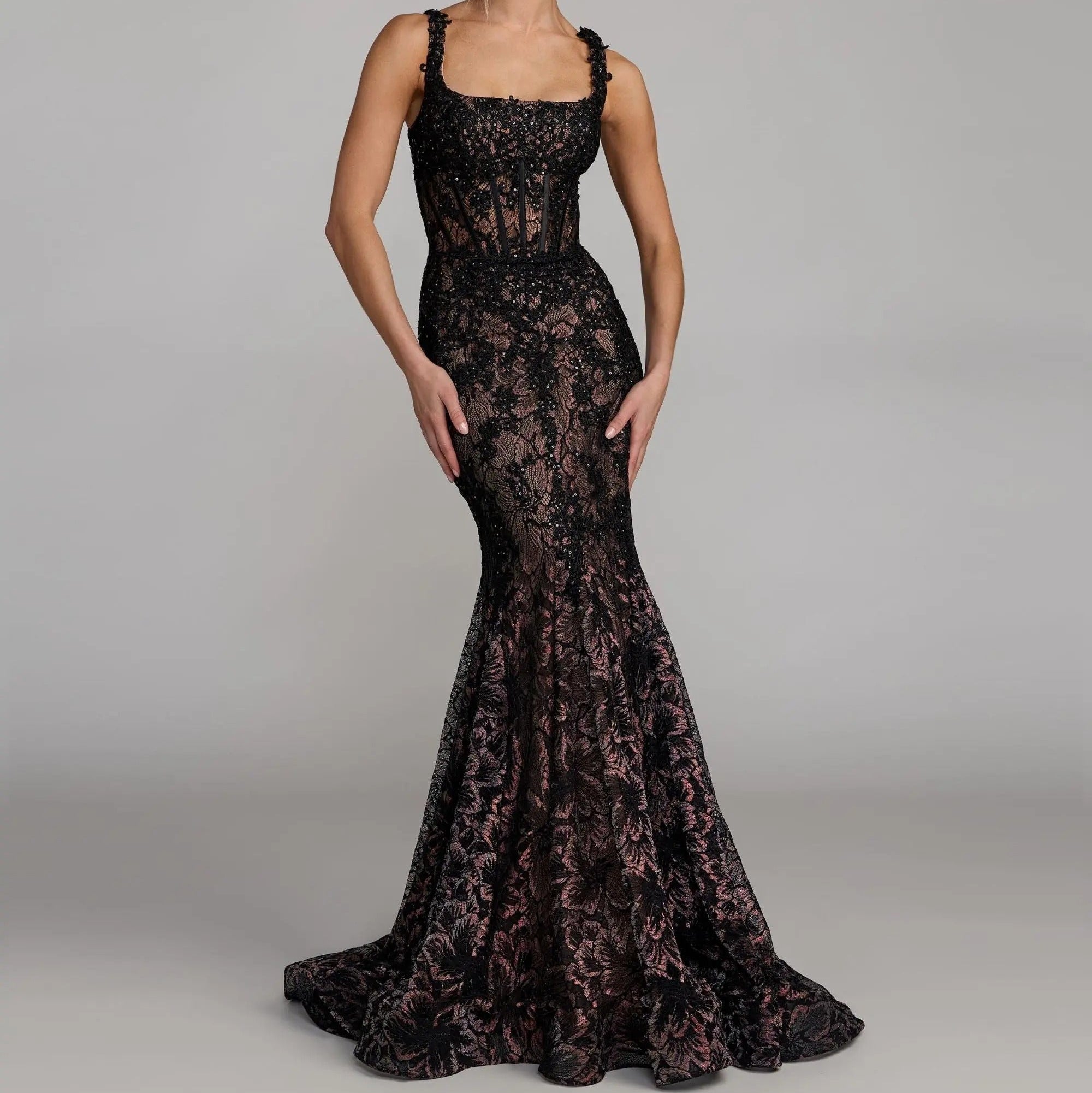 Lace Halter Neck Fishtail Fitted Waist Train Dress