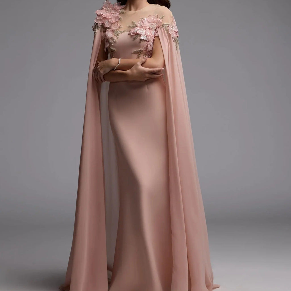 Nude Pink Shawl Floral Dress