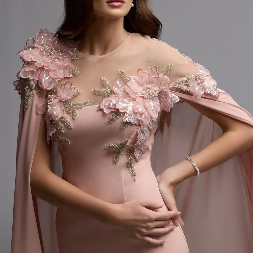 Nude Pink Shawl Floral Dress