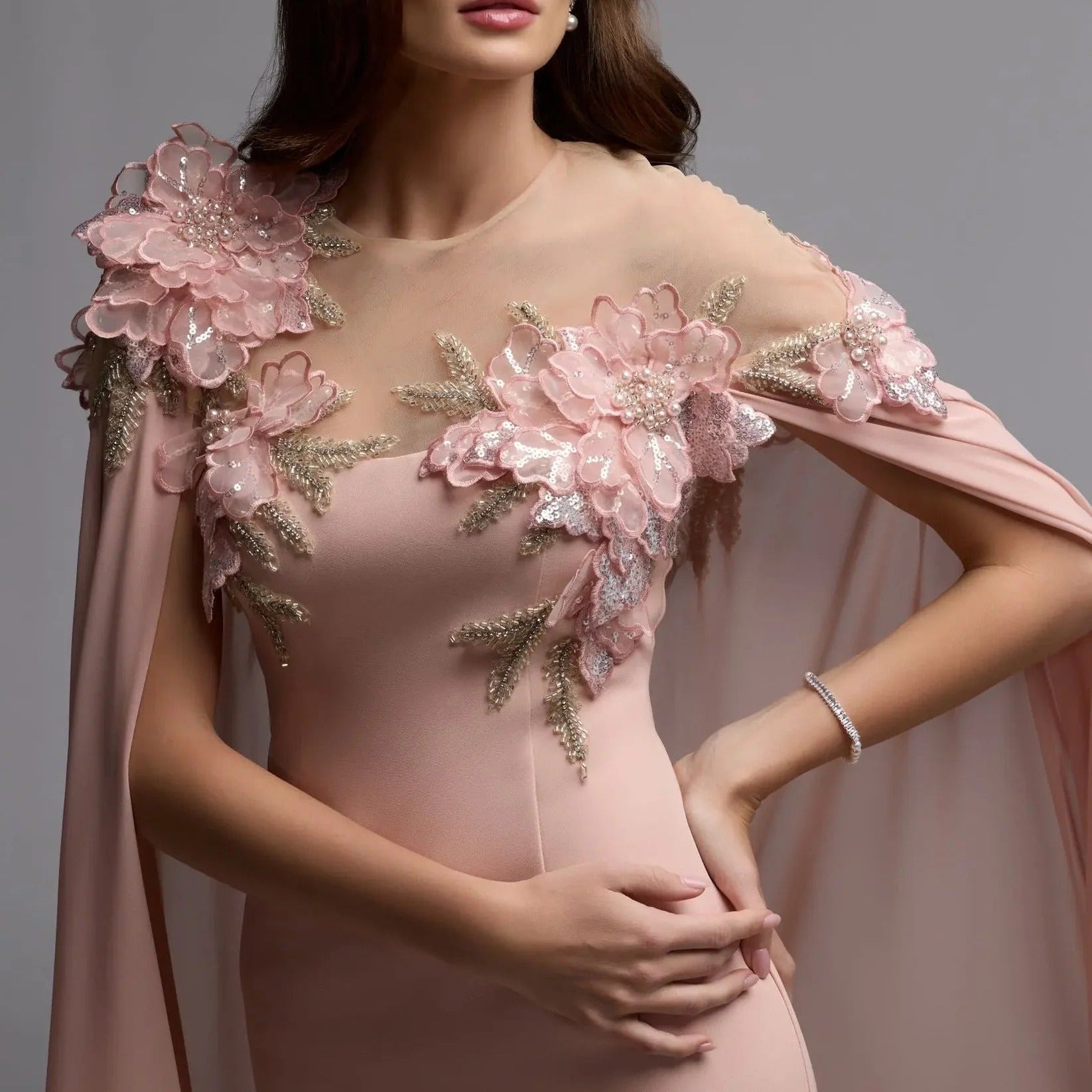 Nude Pink Shawl Floral Dress