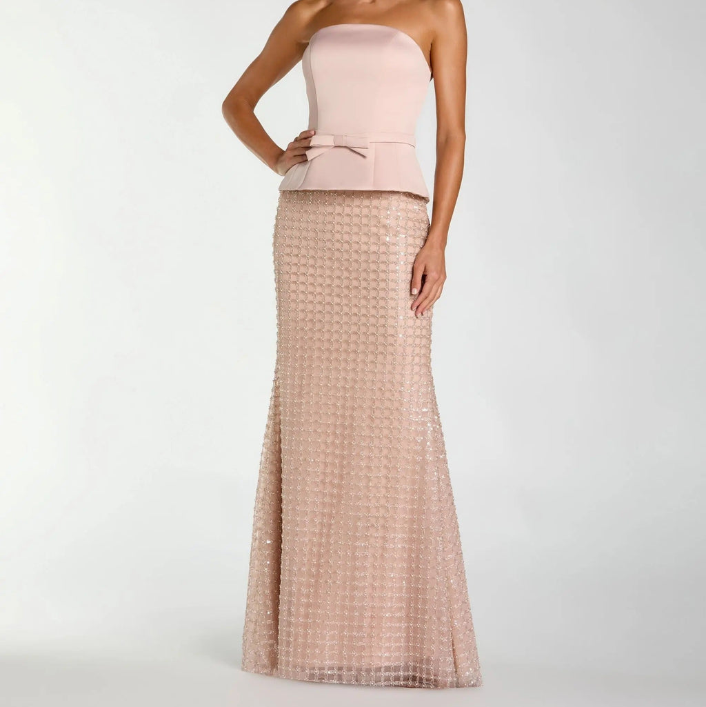 Nude Pink Strapless Sequined Fishtail Dress With Bow