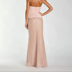 Nude Pink Strapless Sequined Fishtail Dress With Bow