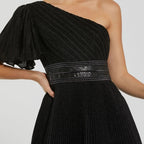 One Shoulder Shimmering Pleated Maxi Dress