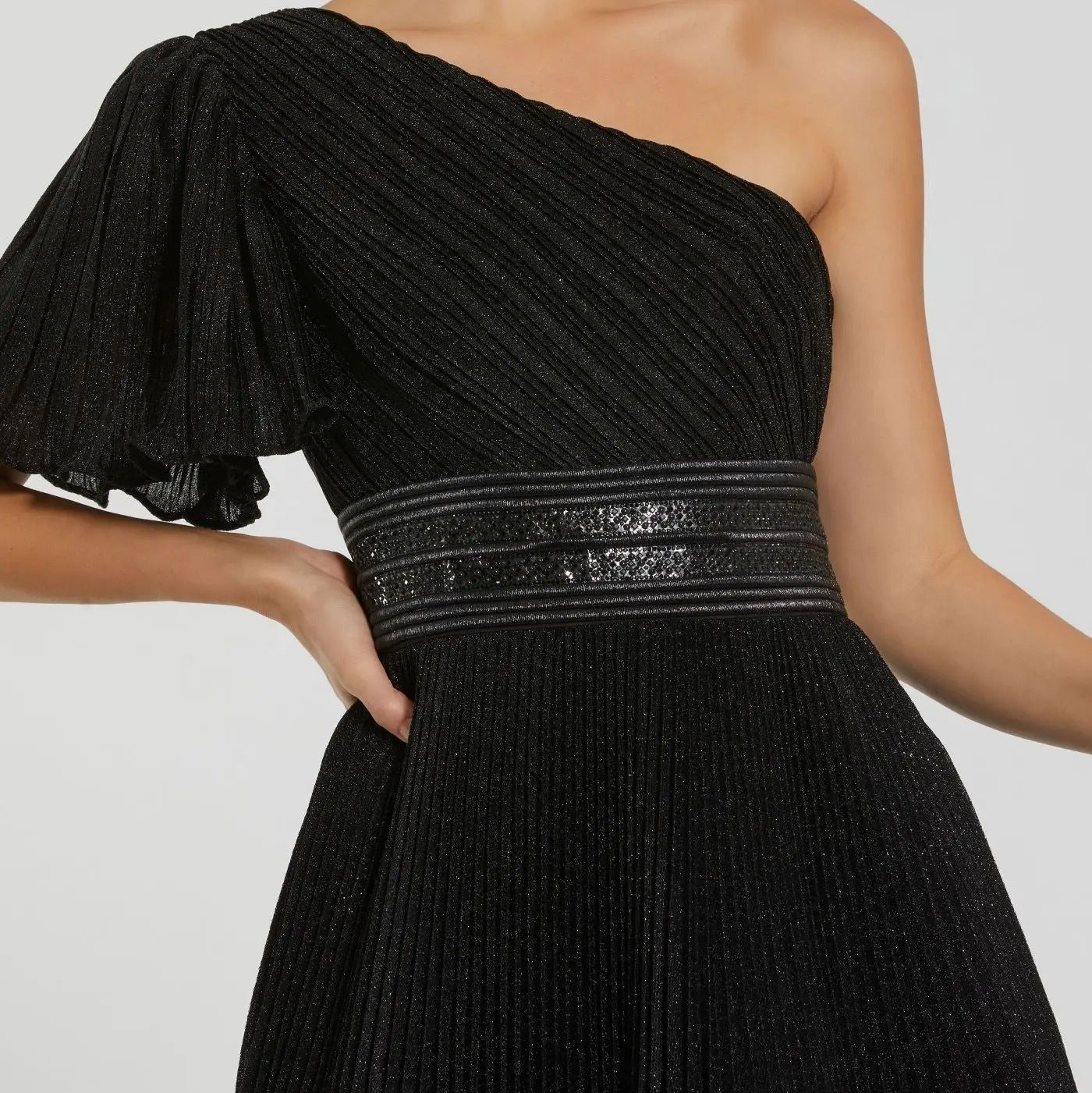 One Shoulder Shimmering Pleated Maxi Dress