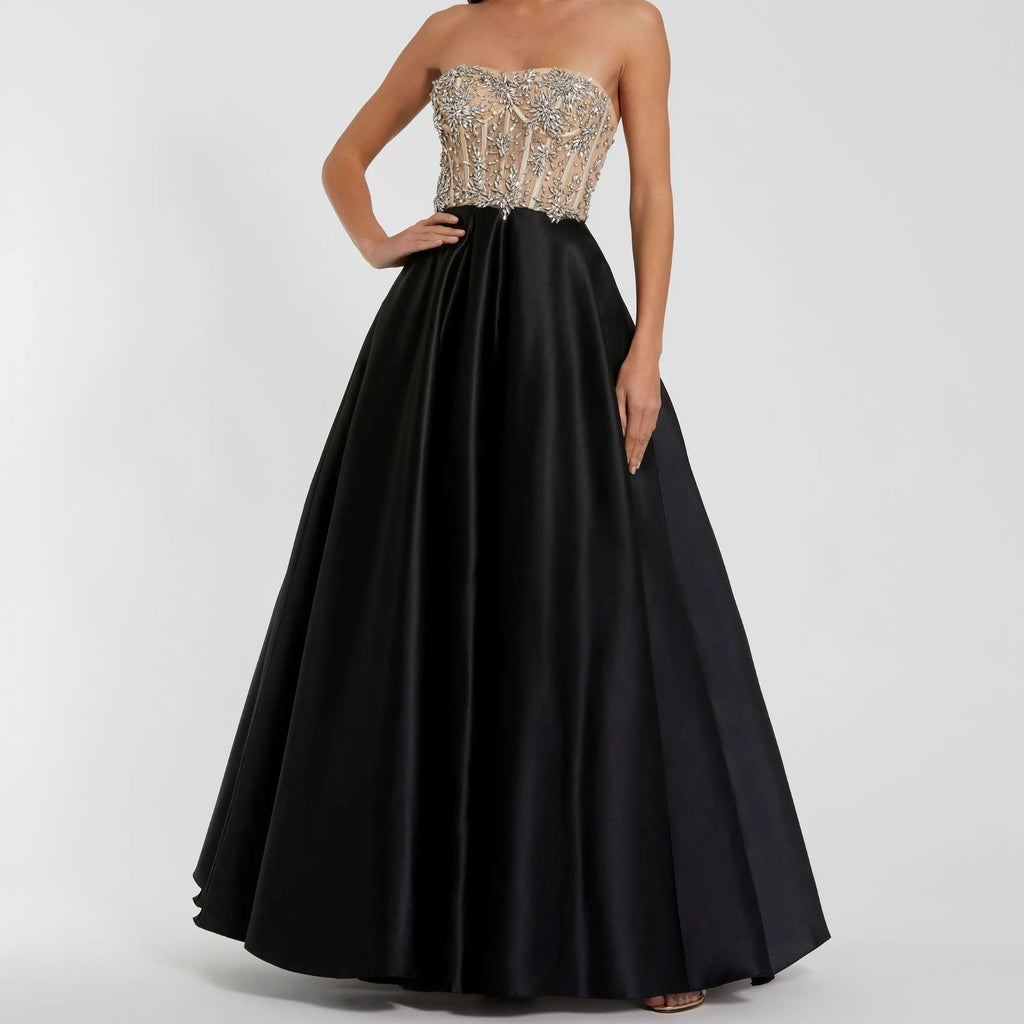 Strapless Beaded Bodice Style Satin Full Skirt Dress
