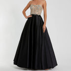 Strapless Beaded Bodice Style Satin Full Skirt Dress
