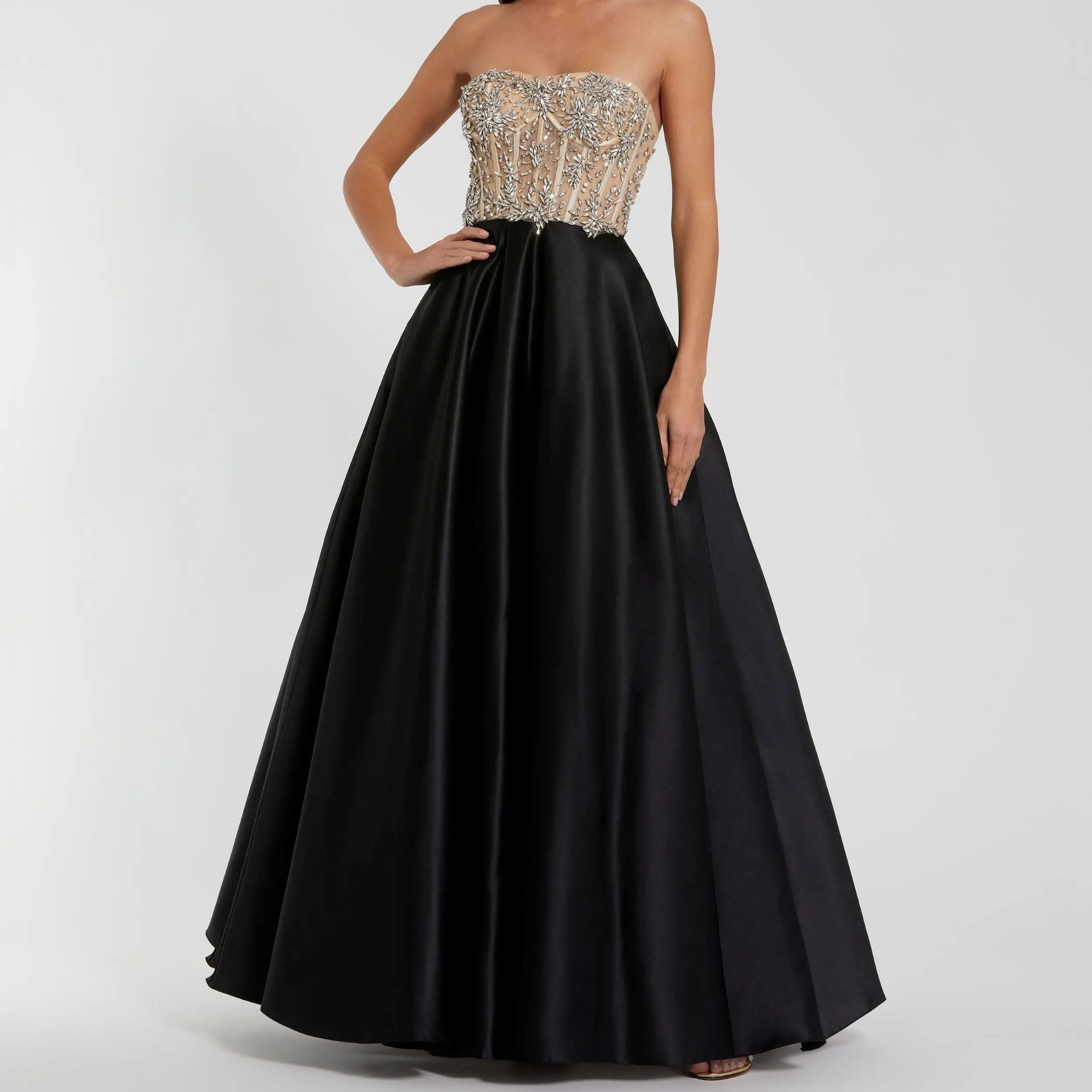 Strapless Beaded Bodice Style Satin Full Skirt Dress