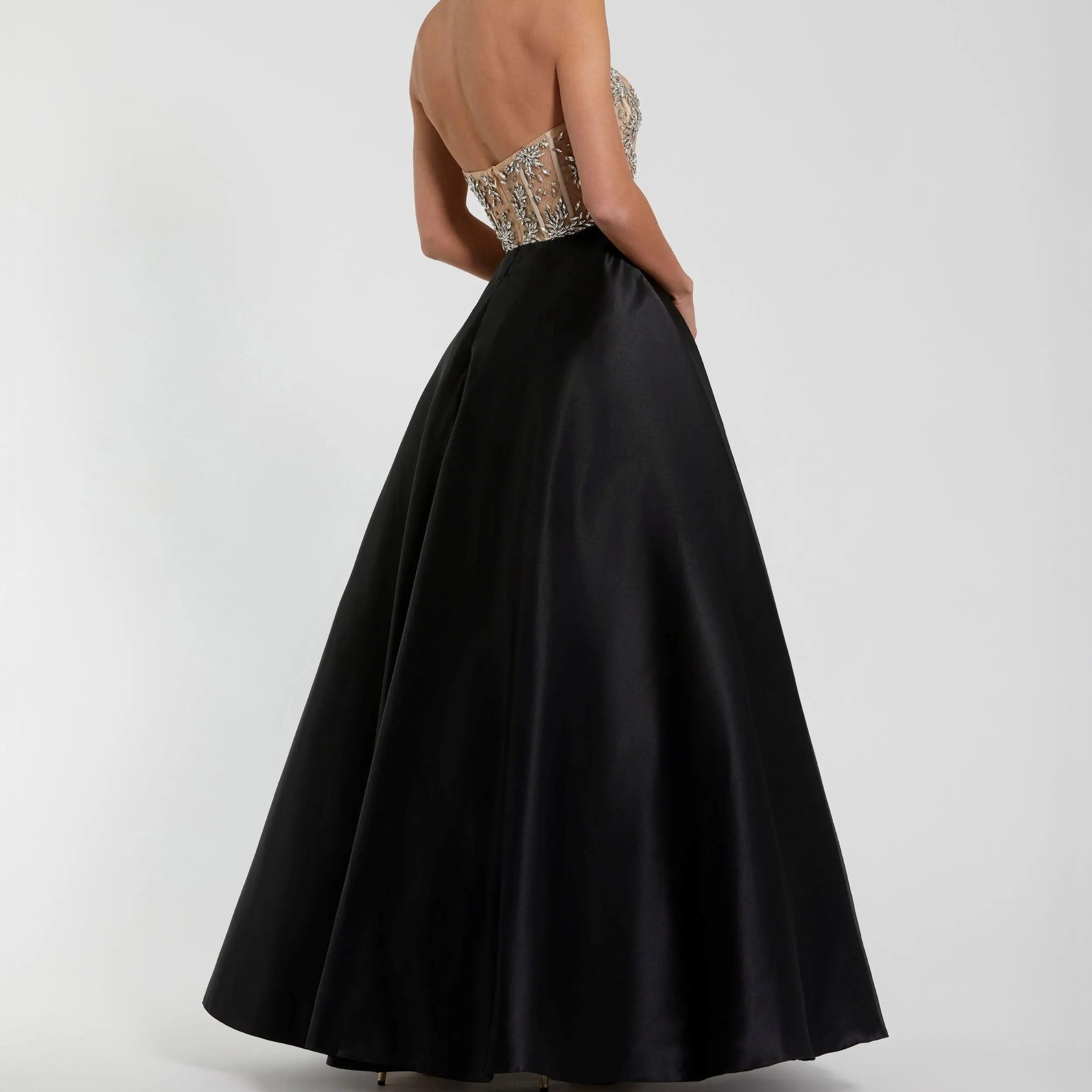 Strapless Beaded Bodice Style Satin Full Skirt Dress
