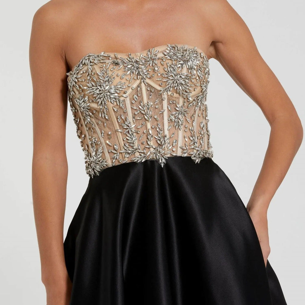 Strapless Beaded Bodice Style Satin Full Skirt Dress