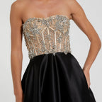Strapless Beaded Bodice Style Satin Full Skirt Dress