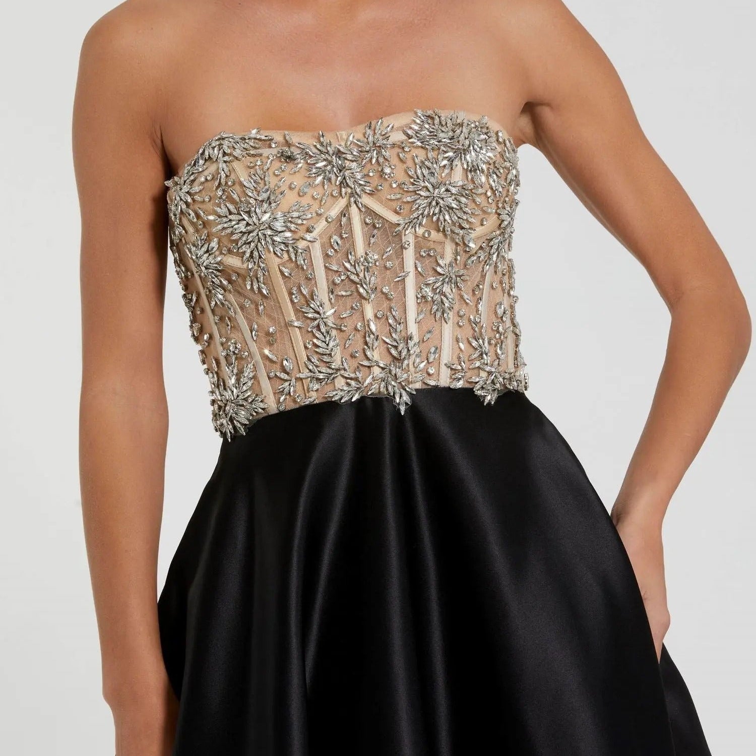 Strapless Beaded Bodice Style Satin Full Skirt Dress