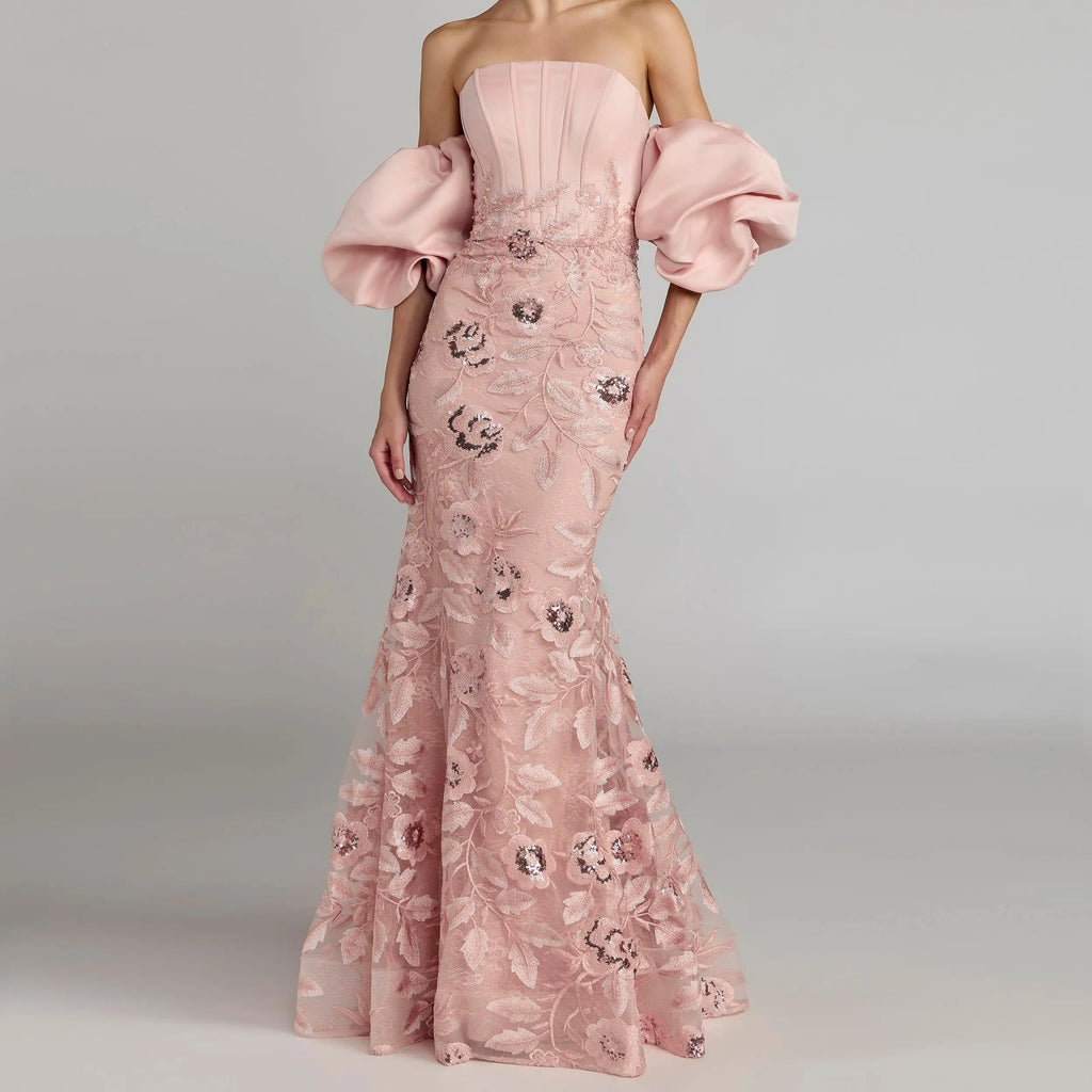 Strapless Dress with Detachable Puff Sleeves Embroidered Fishtail