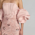 Strapless Dress with Detachable Puff Sleeves Embroidered Fishtail